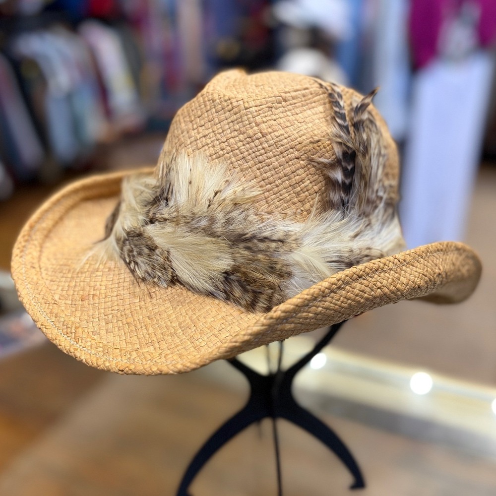 Shady Brady 80s Straw Cowboy Hat Tan Raffia Feather Band Festival Western Small